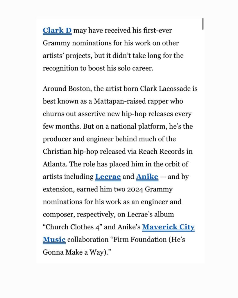 Boston Globe Highlights Clark D's Grammy Nominations and Dual Impact in Music.