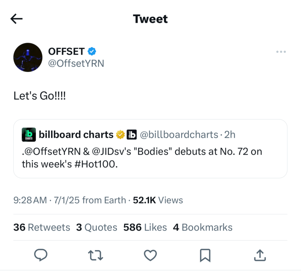 Offset & J.I.D’s “Bodies” Debuts on Billboard Hot 100 Amid Personal Changes.