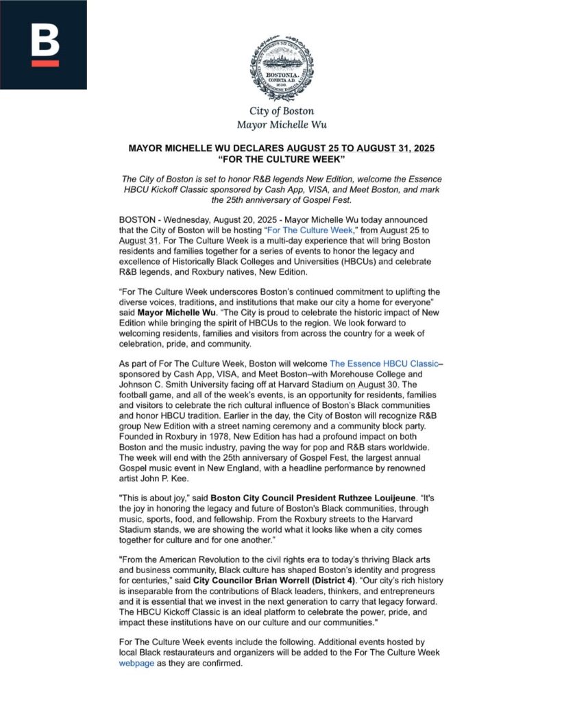 Mayor Wu Proclaims August 25th–31st as “For The Culture Week” With Citywide Events.